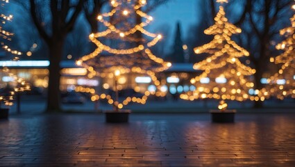 Illuminated Christmas trees decorated with glowing lights in motion against a blurred blue evening backdrop featuring festive holiday ambiance.