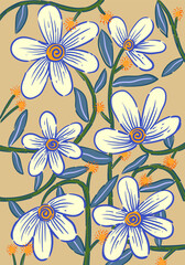 Floral pattern with bright color flowers and leaves hand drawn vector illustration. Nature, plants design for textile, fashion, wallpaper, art and background.