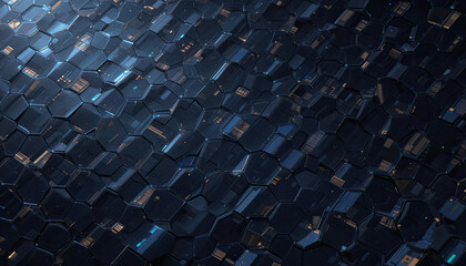 Obraz premium Futuristic Hexagonal Grid: A High-Tech Abstract Digital Artwork Featuring Dark Metallic Honeycomb Patterns, Glowing Reflections, and a Sci-Fi Cyberpunk Aesthetic for Modern Design