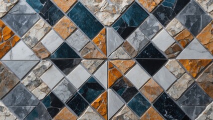 Intricate geometric mosaic tile pattern showcasing dark blue, gray, orange, and white stones arranged in a diamond layout for elegant interior decor.