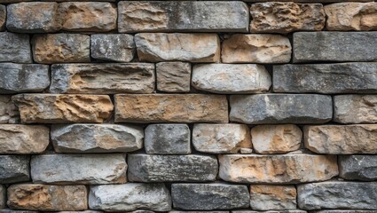 Textured aged stone wall background featuring a mix of gray and brown stones unevenly arranged for a rustic appearance and natural depth.