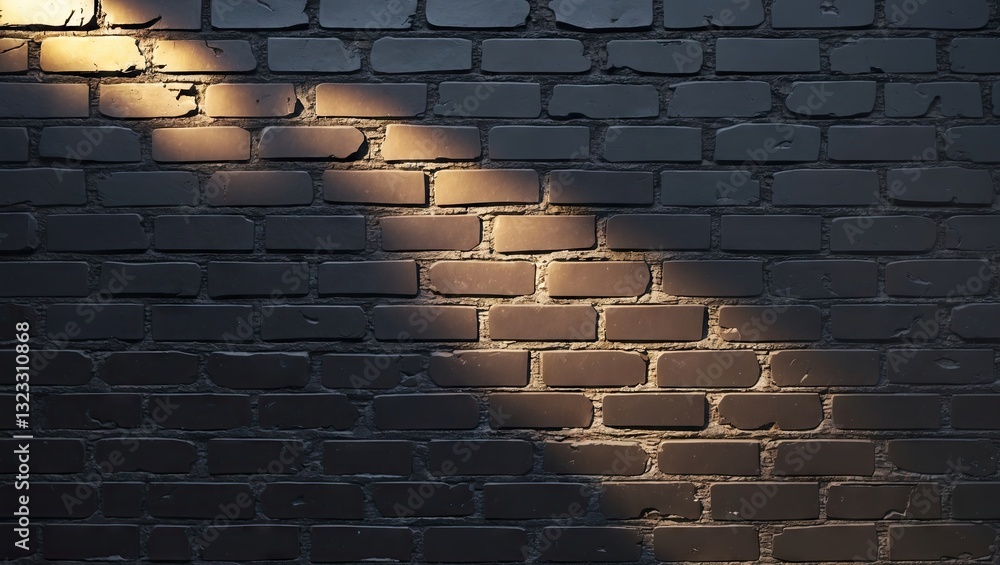 Poster black brick wall illuminated by soft sunlight gradient from top left to bottom right creating a warm