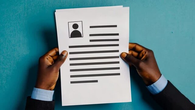 Professional Resume Document in Hands on Blue Background Showcasing Key Details, Job Interview Atmosphere Concept.