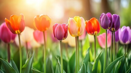 Vibrant Orange and Purple Tulip Fields in Golden Sunlight, Springtime Floral Landscape