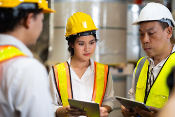 Unity and teamwork. Asian team engineer worker working control sheet metal roof tile roll forming machine at metal sheet profiling factory. Industrial production