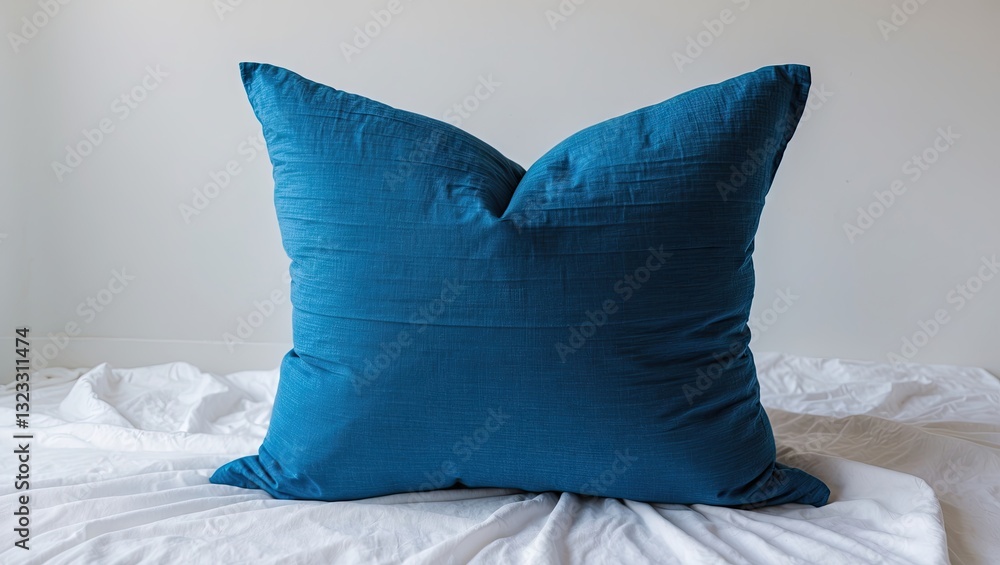 Poster luxurious teal pillow positioned centrally on a soft white bedding, creating a serene and inviting a