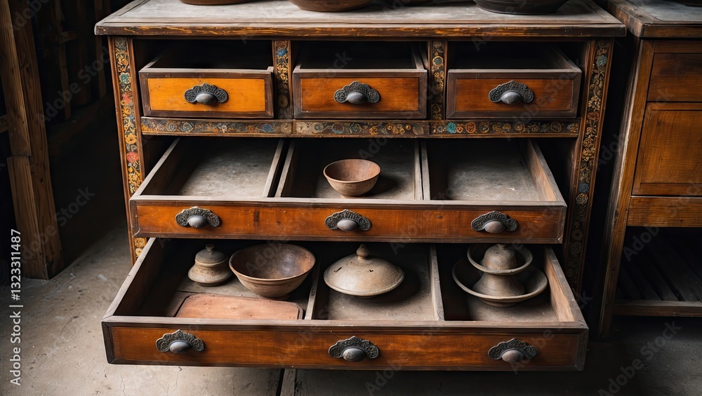 Poster traditional wooden drawer unit with multiple open compartments showcasing rustic ceramic bowls and u