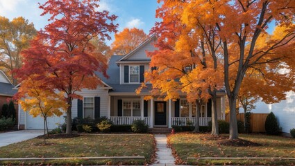 Obraz premium Charming house surrounded by vibrant autumn-colored trees in shades of orange and red, with a lush green lawn and clear blue sky in the background.