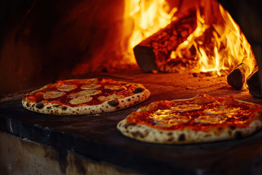 Delicious pizzas baking in traditional wood-fired oven with burning logs