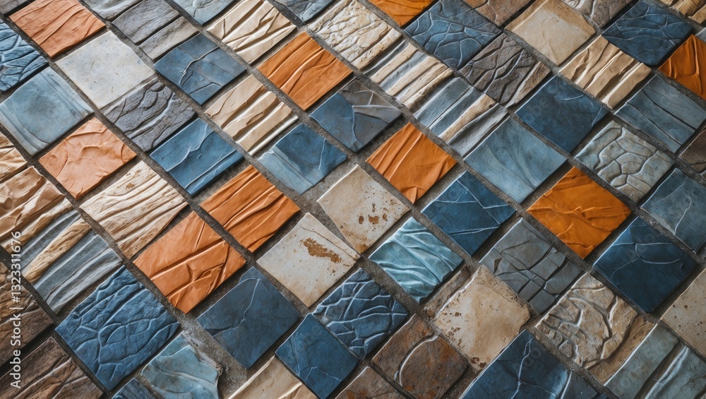 Poster colorful textured tiles in a diagonal pattern featuring blue, gray, and earthy orange tones creating