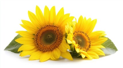 Obraz premium Bright yellow sunflowers with green leaves against a white background