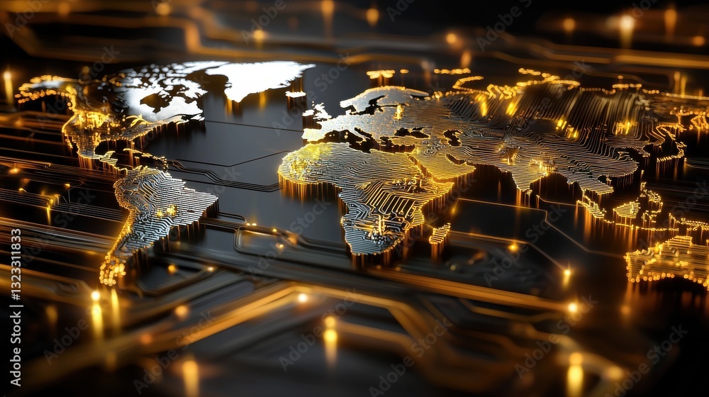 Poster glowing metallic 3d world map showcasing the global connectivity and digital infrastructure of the m
