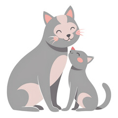 Mother Cat Licking Her Kitten in Soft Gray PNG Illustration