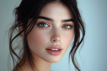 Fototapeta premium Beautiful woman with freckles showing natural beauty and healthy skin