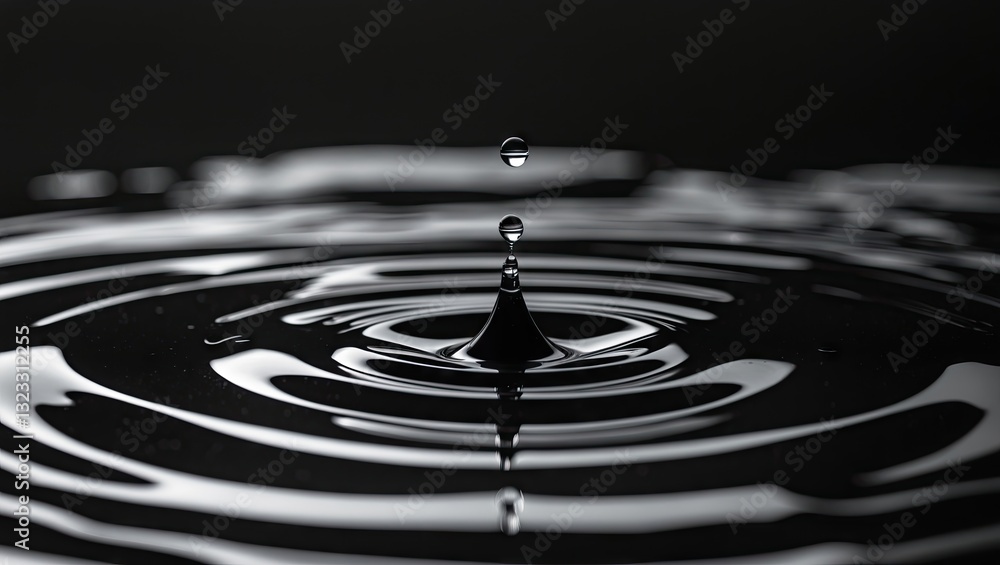 Poster close-up of a single water droplet creating ripples in dark reflective water with a smooth surface a