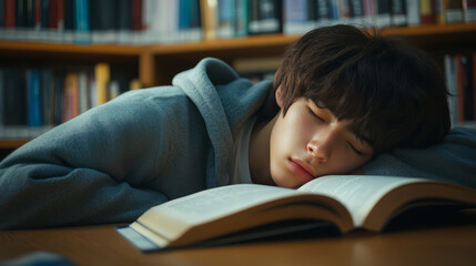 young student in casual hoodie is peacefully sleeping on book in library, surrounded by shelves of books