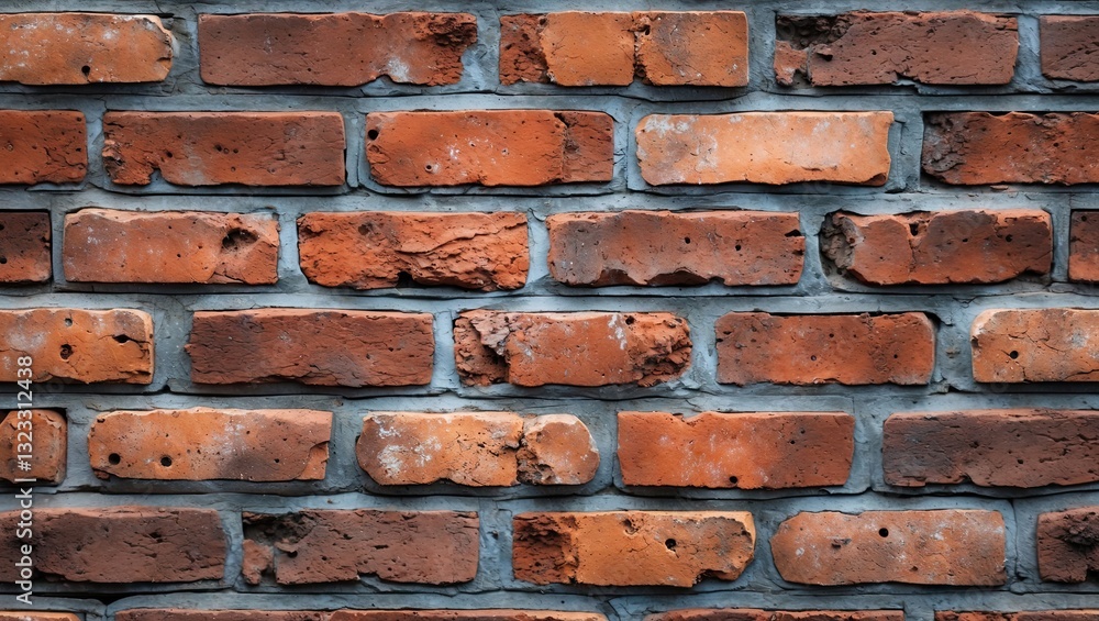 Poster textured red brick wall arranged in a horizontal pattern with dark mortar highlighting the surface c