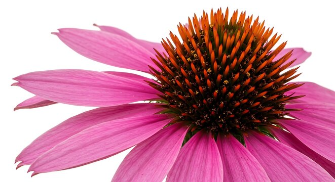 Echinacea flowers with bright pink petals and a spiky brown center, isolated on white.