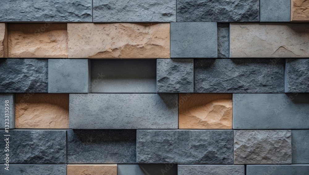 Poster contemporary stone wall texture with shades of blue and beige in a horizontal pattern creating depth