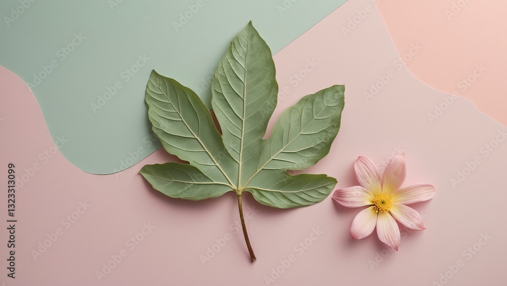Poster pastel background with a green leaf positioned left and a soft pink flower on the right, creating a 