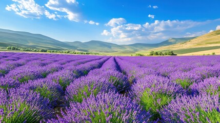 Naklejka premium Lavender field expanse, mountain backdrop, sunny day