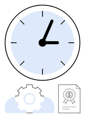 Large wall clock with gear mechanism and certificate icon below. Ideal for productivity, time management, goal setting, deadline achievement, process optimization, efficiency, team planning. Flat