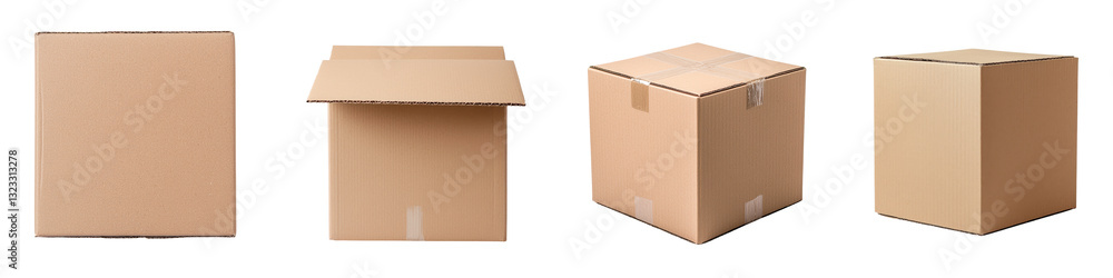 Poster stacked cardboard boxes in a variety of sizes arranged neatly for shipping storage and distribution 