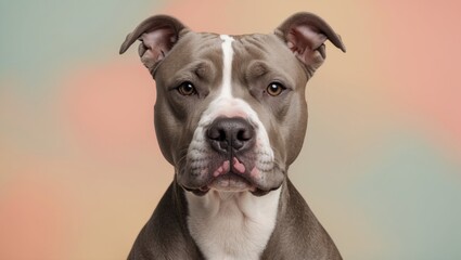 Obraz premium American pit bull terrier portrait on a soft pastel background featuring shades of peach and mint, centered in the frame with a calm expression.
