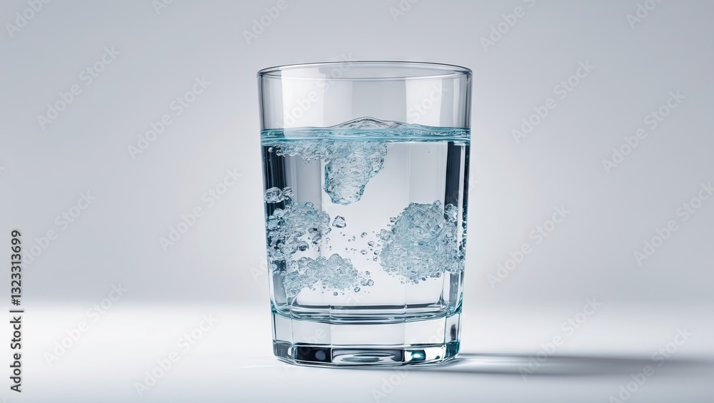 Poster clear glass filled with rippling water against a soft gray background highlighting bubbles rising fr