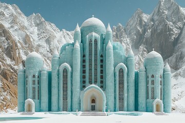 An icy castle structure nestled between snowy majestic mountain ranges