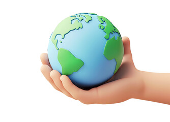 Hand holding earth planet with cloud and leaf young plant for save nature ecology conservation concept 3d icon illustration render design