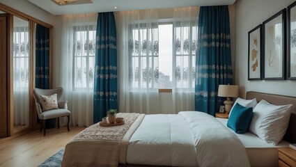 Fototapeta premium Cozy bedroom interior featuring white bed linens, wooden furniture, and blue curtains with sheer overlays near bright window with natural light.