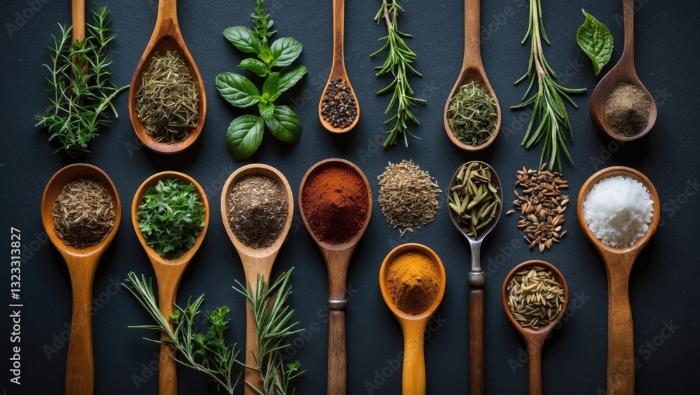 Poster assorted herbs and spices displayed in wooden spoons against a dark background showcasing earthy ton