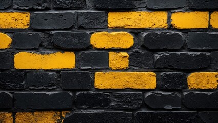 Black and yellow brick wall texture with horizontal alignment featuring bold yellow bricks interspersed among black bricks for creative backgrounds.