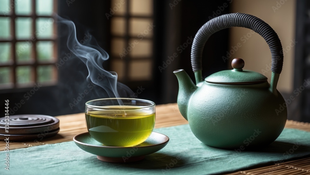 Poster serene green tea setup featuring a steaming cup on a saucer beside a teapot with a textured handle o