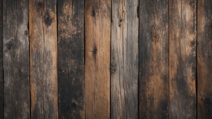 Obraz premium Weathered brown and gray aged wood plank texture backdrop with vertical planks exhibiting natural grain patterns and rustic appeal.