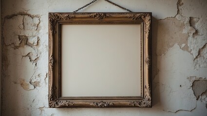 Antique vintage photo frame in ornate gold design hangs against a distressed beige wall with peeling paint creating a nostalgic ambiance.