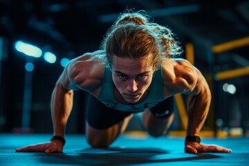 Fototapeta premium An athlete showcases remarkable strength and balance while performing a one-handed push-up in a dimly lit gym. The atmosphere is charged with energy, highlighting dedication to fitness