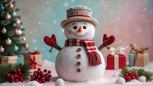 Cute snowman holiday toy wearing a hat and scarf on soft pastel backdrop with Christmas tree gifts and berries in the foreground.
