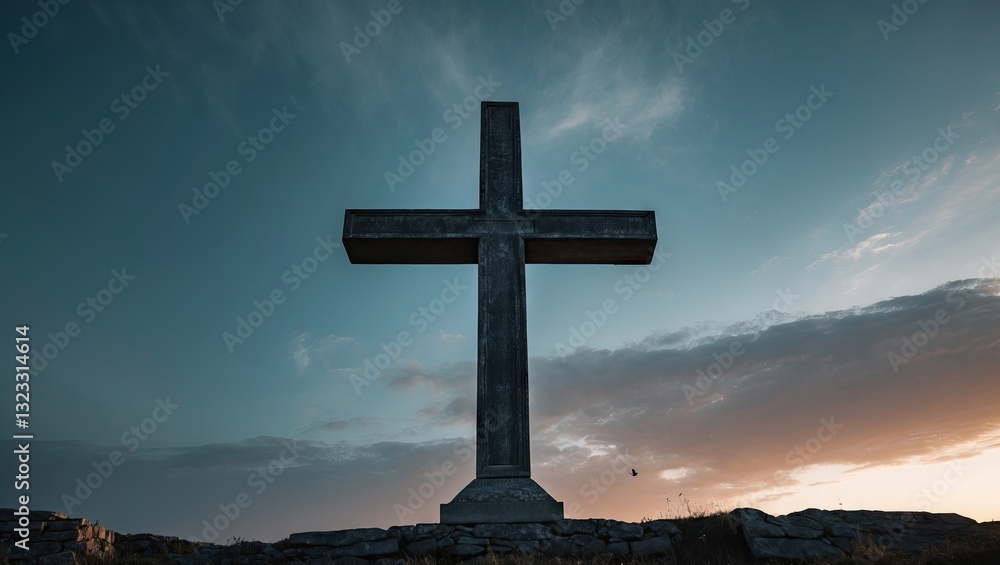 Poster cross silhouette against a moody blue sky with soft clouds. central position allows for text overlay