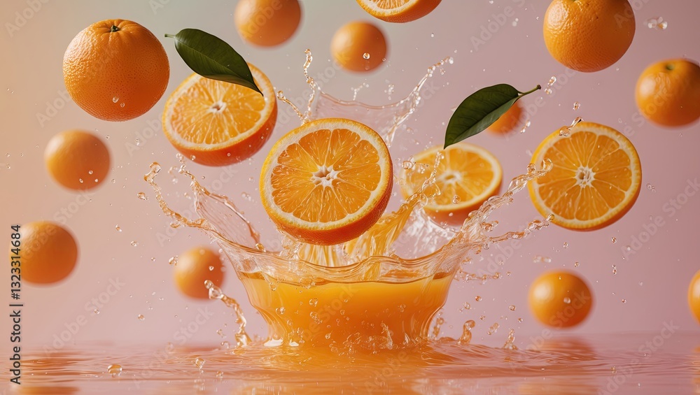 Poster fresh sliced oranges splashing in vibrant orange juice with leaf accents against a soft pastel backg