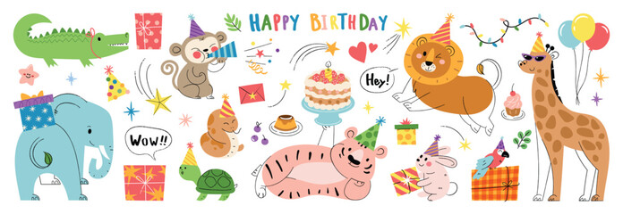 Happy birthday concept zoo animal vector set. Collection of elephant, lion, monkey, tiger, snake, balloon, gift, cake. Birthday party animal character illustration for greeting card, invitation, kids.