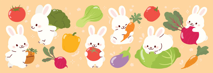 Set of cute white rabbit element vector. Adorable bunny with vegetable, tomato, carrot, radish, cabbage, eggplant. Collection of animal characters hand drawn design for decorative, card, kids, easter.