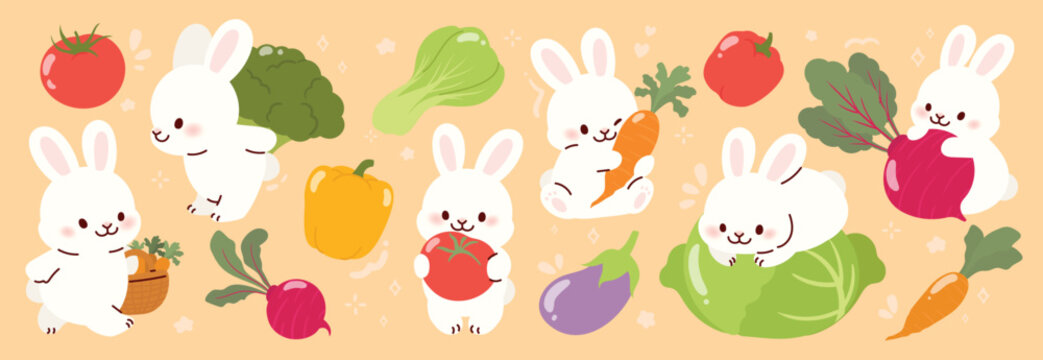 Set of cute white rabbit element vector. Adorable bunny with vegetable, tomato, carrot, radish, cabbage, eggplant. Collection of animal characters hand drawn design for decorative, card, kids, easter.