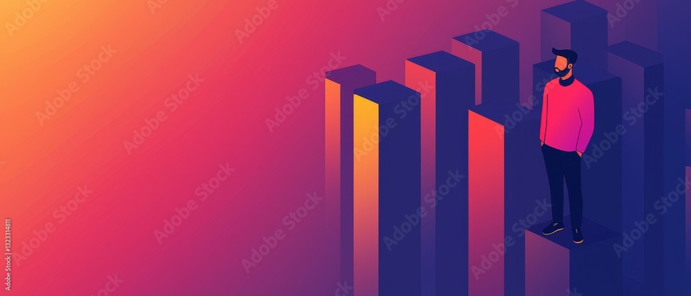 Poster operations of data science in business concept. a person standing on colorful bars against a vibrant