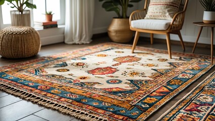 Stylish living room with a vintage area rug featuring intricate patterns in cream, blue, and warm tones alongside wooden chair and potted plants.
