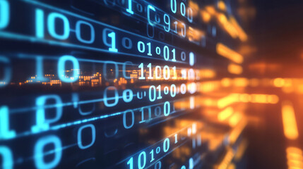 Obraz premium Digital matrix background with green binary code and glowing lights