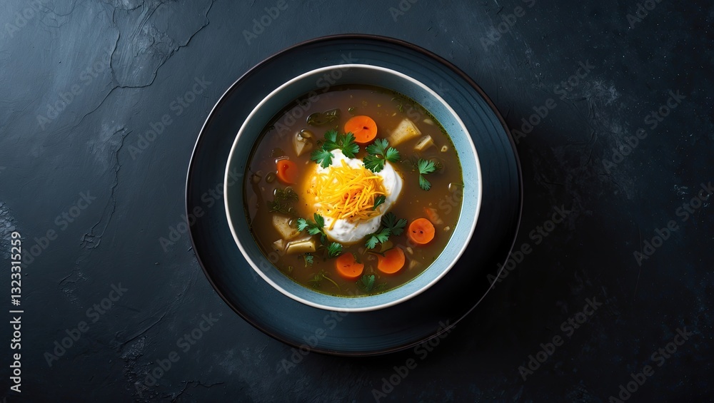 Poster bowl of steaming soup with bright orange carrots and a poached egg centered in black bowl on dark te