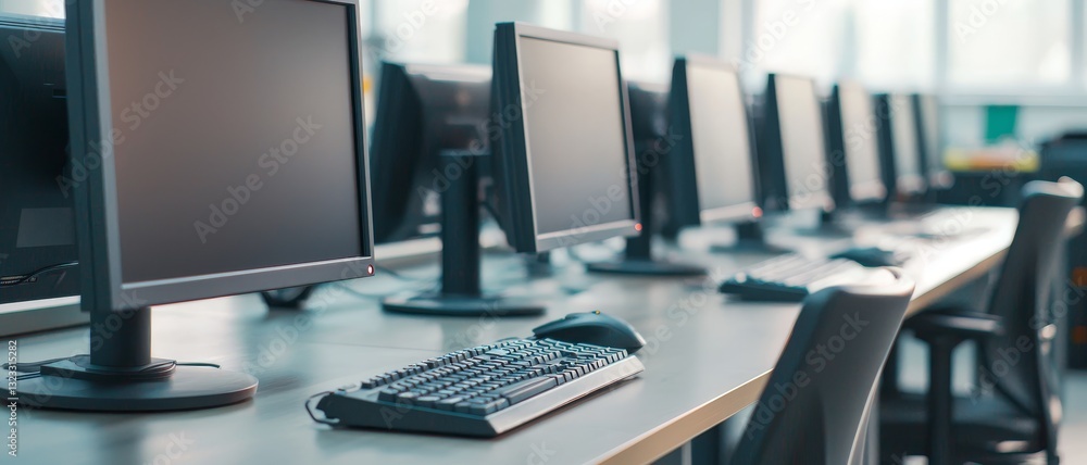 Aufkleber higher education with students and policy concept. a row of desktop computers with keyboards in a br