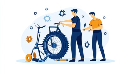 Two men repair a bicycle outdoors